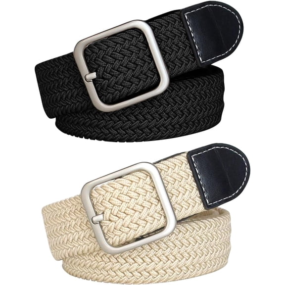 Set of 2 Womens Belt, Braided Canvas Stretch Belt, braided belts for women, Elastic Braided Belt, Women's Thin Braided Waist Belt, for Jeans Dress with Alloy Buckle