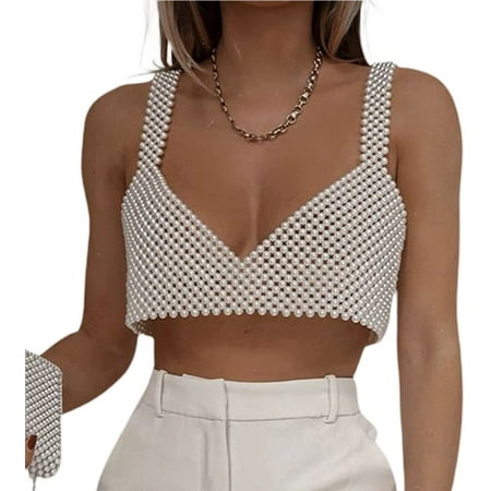 

Women s Sexy Pearls Beaded Camisole Sling Sleeveless Crop Tops Bra Spaghetti Strap Vest Tanksfor Party Clubwear