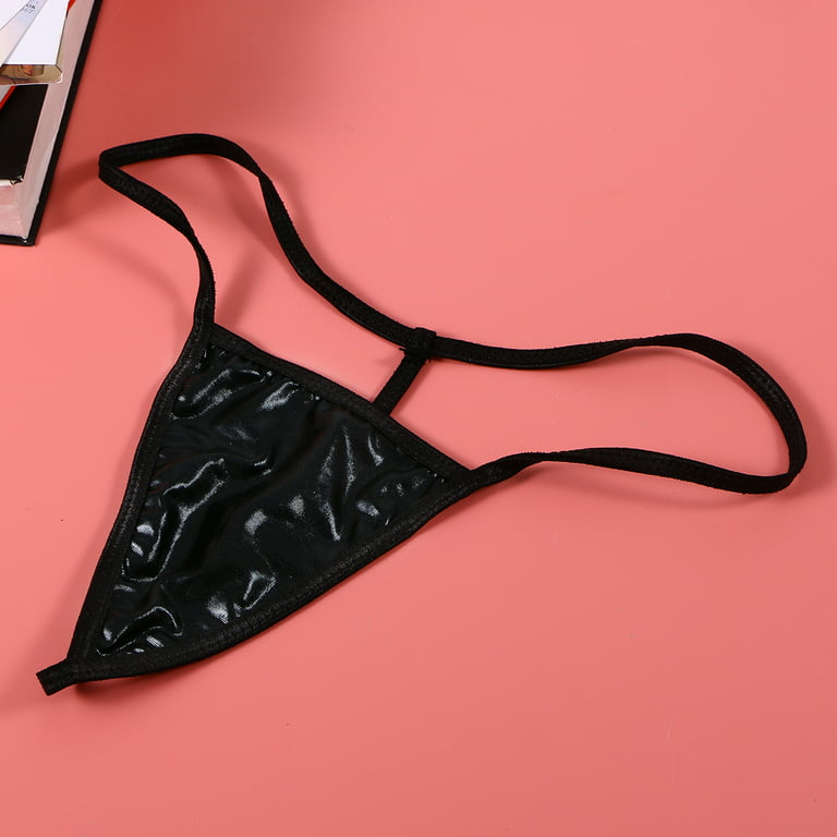 Women's Sexy Glossy Wetlook Leather G-String Thong Panties Bikini Underwear  Swimsuit (Black) 