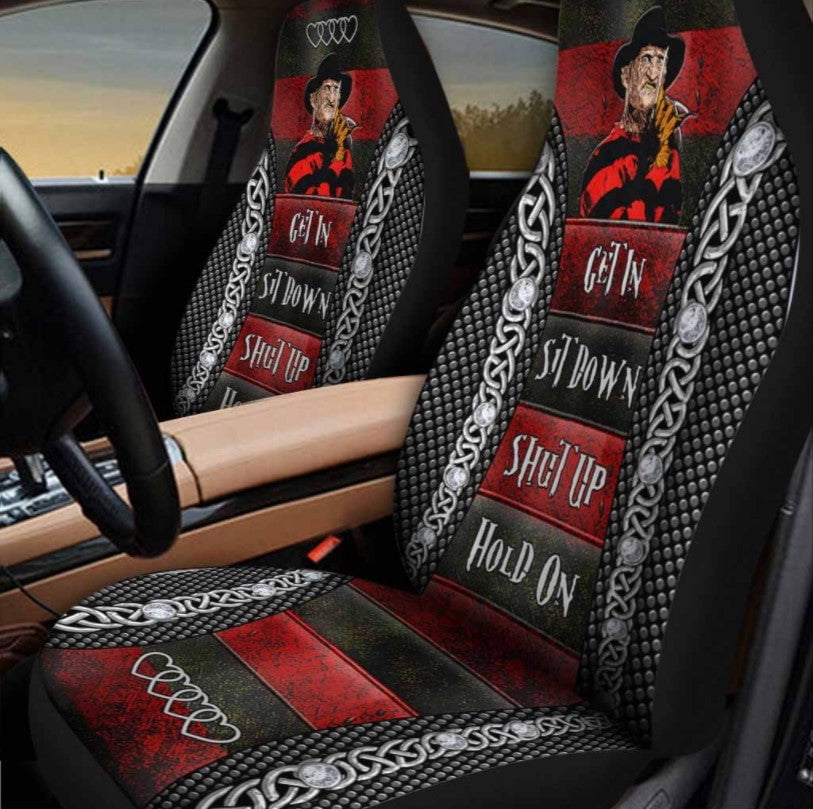 Fred Krue Sweet Dreams Get In Sit Down Shut Up Hold On Car Seat Covers Set 2Pc With Foaming Lining, Halloween Decorative Automotive Car Decor. Horror Movies Halloween Car Decor