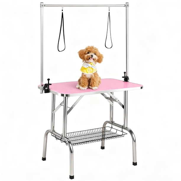 Yeshouse Mesa de aseo para perros plegable y ajustable: estación de aseo para mascotas con brazo, soporte y estante de almacenamiento, estructura de acero inoxidable resistente