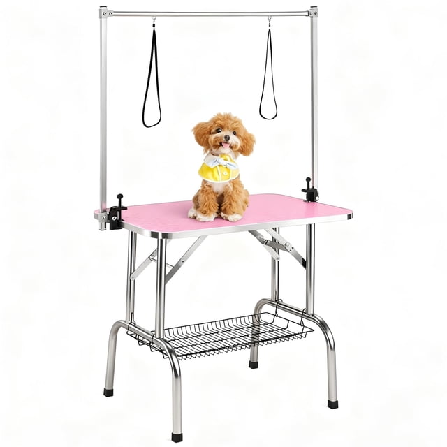 QinaQin Table de Toilettage pour Animaux Pliable et Ajustable - Station de Toilettage pour Animaux avec Rampes, Laisse et Tablette de Rangement, Cadre en Acier Inoxydable Robuste