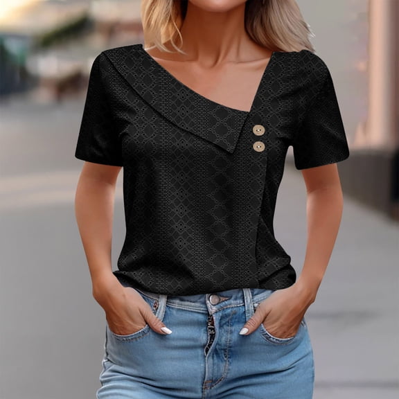ALLLIST Summer Women's Tops Henley Black Blouses Short Sleeve Casual Plain Shirts Womens Clothing
