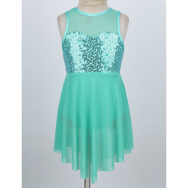 Mufeng Robe Sans Manches à Sequins Croisés pour Filles, Justaucorps de Ballet Lyrique, Robe de Danse Moderne, Vert Menthe 14