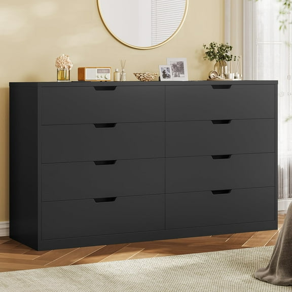 Afuhokles Wood Dresser 8 Drawer Double Tier Dresser, Modern Wood Chest of Drawer for Living Room, Bedroom, Black