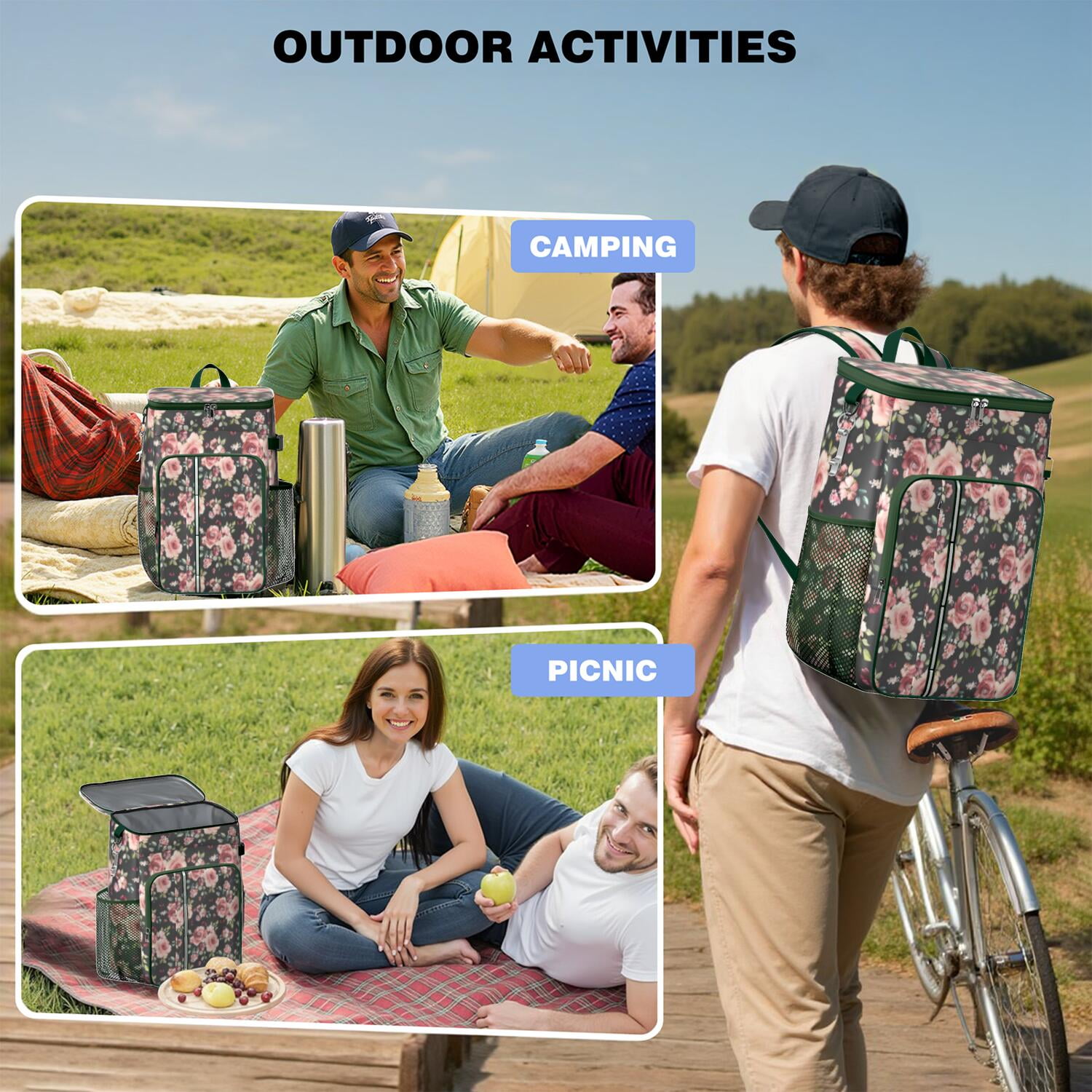 Travel Cooler Bag - Pioneer Flower Floral Print Pattern Camping Beer Cooler Backpack with Bottle Opener- Waterproof Insulated Picnic Backpacks - Cooler Bag for Beach