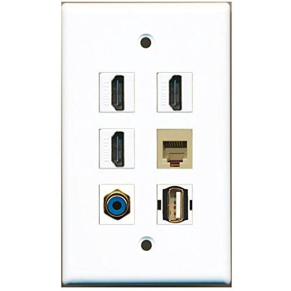 RiteAV - 3 HDMI 1 Port RCA Blue 1 Port USB A-A 1 Port Phone RJ11 RJ12 Beige Wall Plate