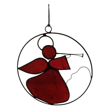 Capiz Suncatcher - Cherry Red Capiz Shell Angel Suncatcher Holiday Ornament in Silver Metal Hand Crafted
