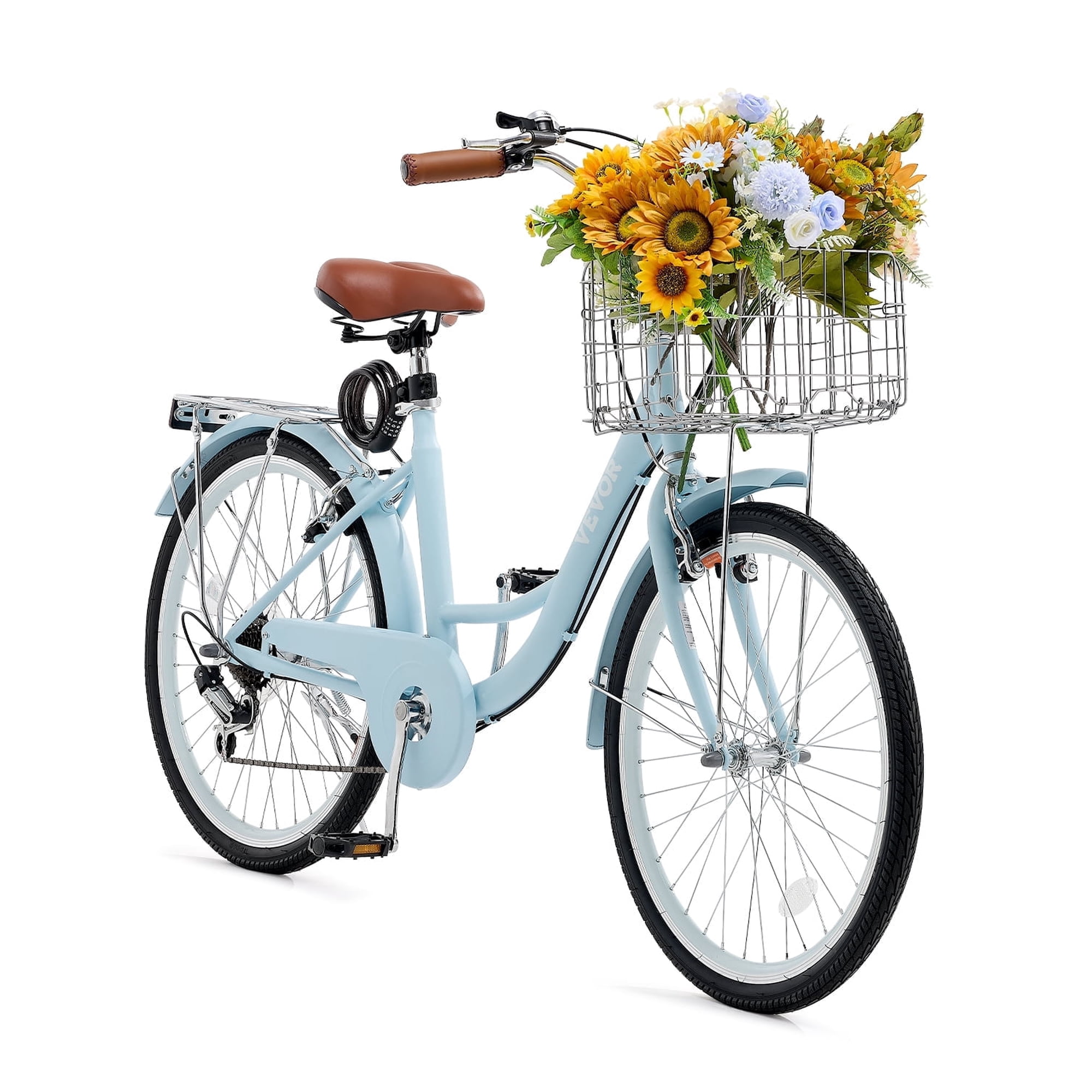 VEVOR Cruiser Bike, 7-Speed, 26-Inch Light Blue Beach Cruiser Bike with Large Capacity Basket and Rear Rack, Secure & Sturdy Cruiser Bike with Adjustable Seat, Fits for Cycling, Exercise & Shopping