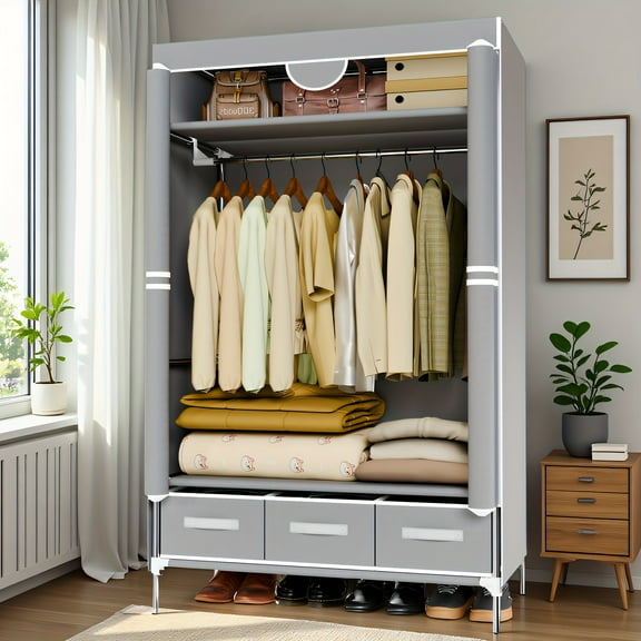 Portable Rolling Clothes Closet with Hanging Rack & 3 Drawers - No-Tool Assembly Freestanding Wardrobe, Non-Woven Fabric Storage Organizer with Locking Doors, 35.4"L x 17.7"W x 67"H, Space-Saving