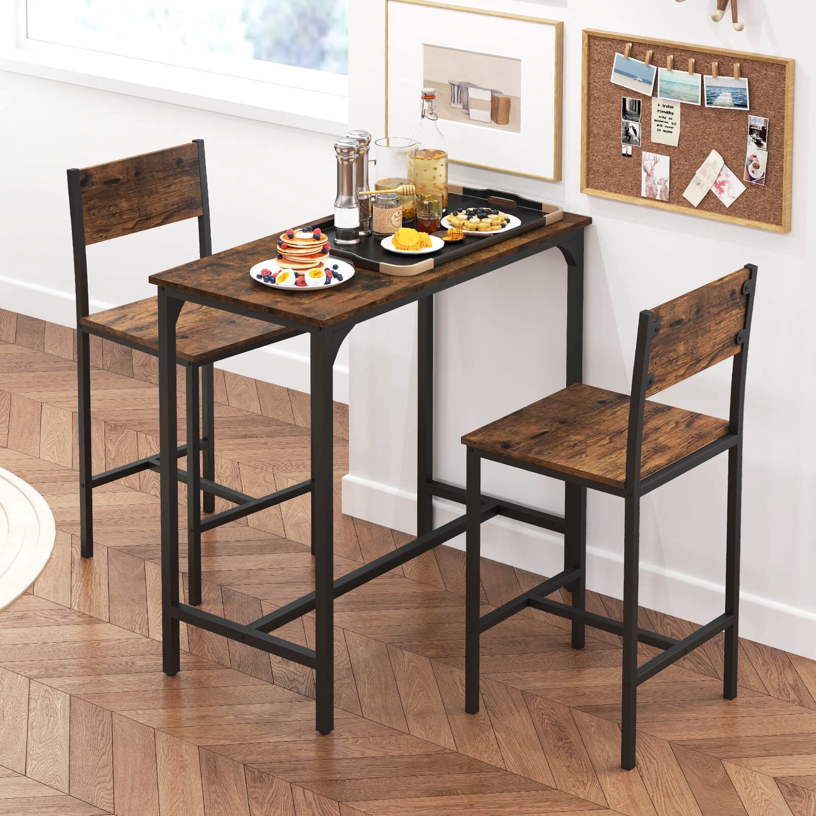 Costway 3 PCS Bar Table Set Pub Dining Table & 2 Bar Stools with Backrest & Footrest Brown