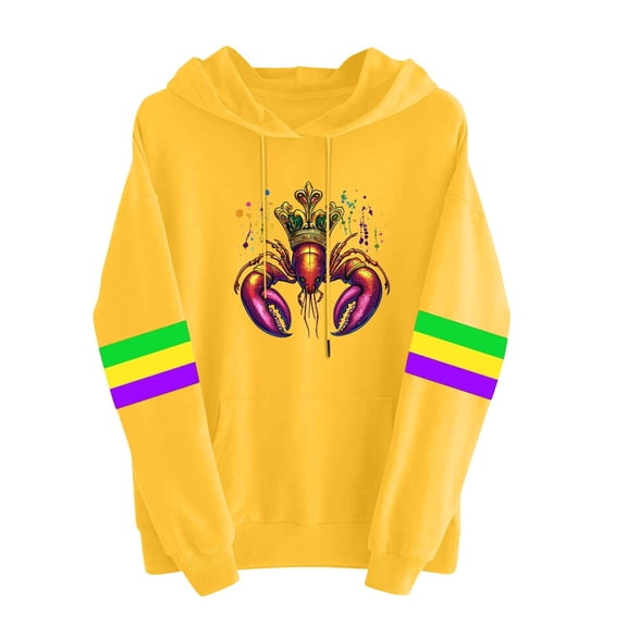 Women Mardi Gras Hoodies Long Sleeve Striped Hooded Sweatshirt Carnival Mask Pullover Top Holiday Parade Shirts Fat Tuesday Casual Long Sleeve Shirt Funny Vocation Outfits Yellow S