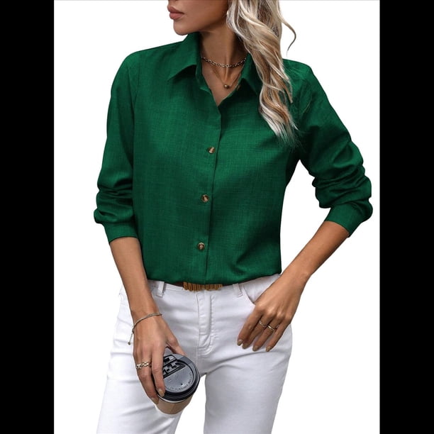 Camisas con Botones para Mujer, Blusas de Larga, Blusas Casuales Lisas para Oficina y Trabajo Verde Oscuro XXL