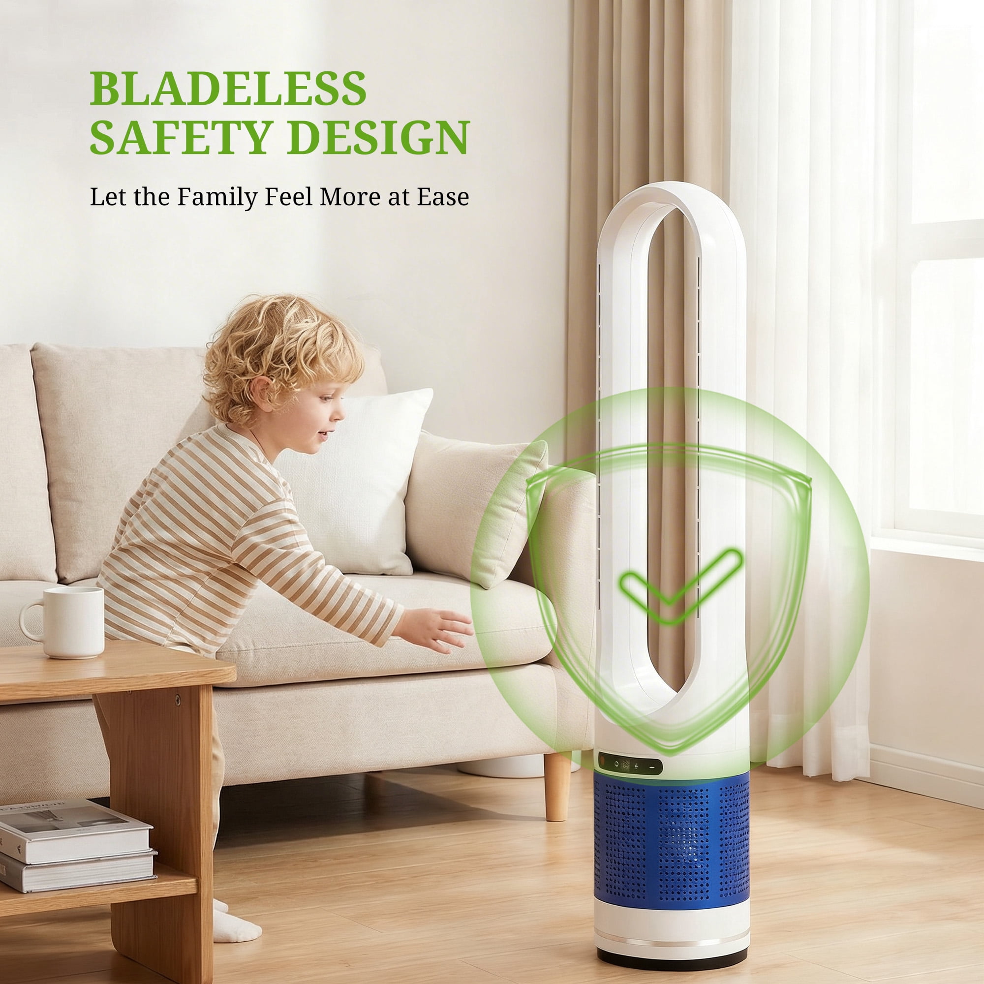 Simenmax 41'' Bladeless Tower Fan, 80° Oscillating Quiet Cooling Fan, 8 Speeds & 8H Timer, Remote Control with LED Display for Home Office Living Room,Blue