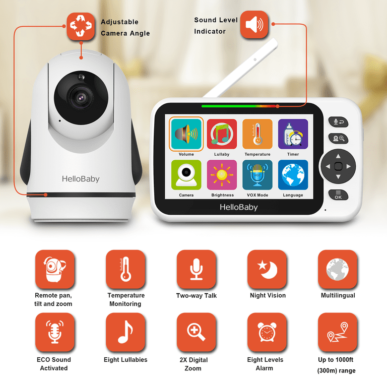 HelloBaby HB6352 Video Baby Monitor – 5″ LCD, No Wifi, Pan-Tilt