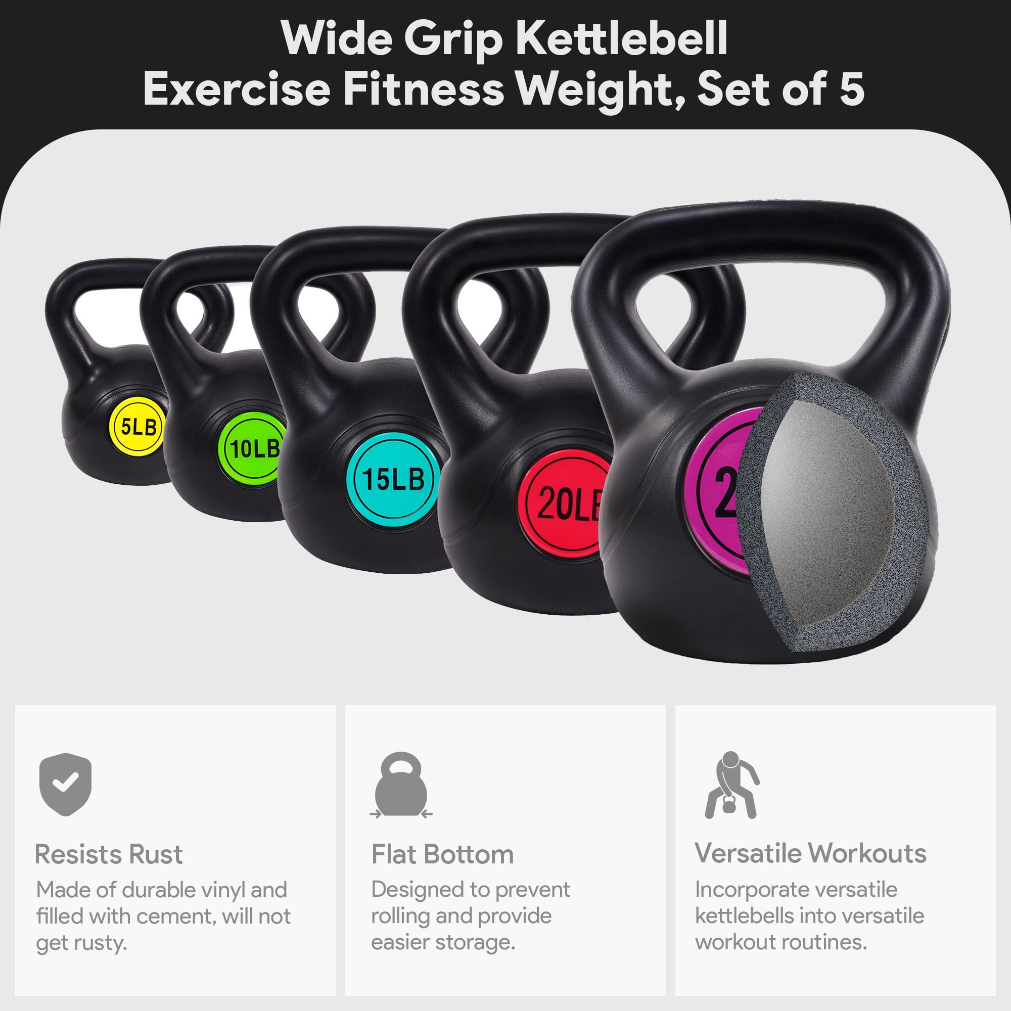 Sporzon! Wide Grip Kettle Bell Weight Set, 5, 10, 15, 20, 25 Pound