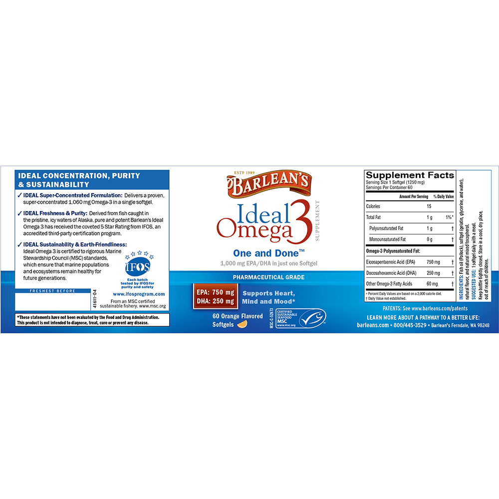 Barlean's Ideal Omega 3 60 Softgels