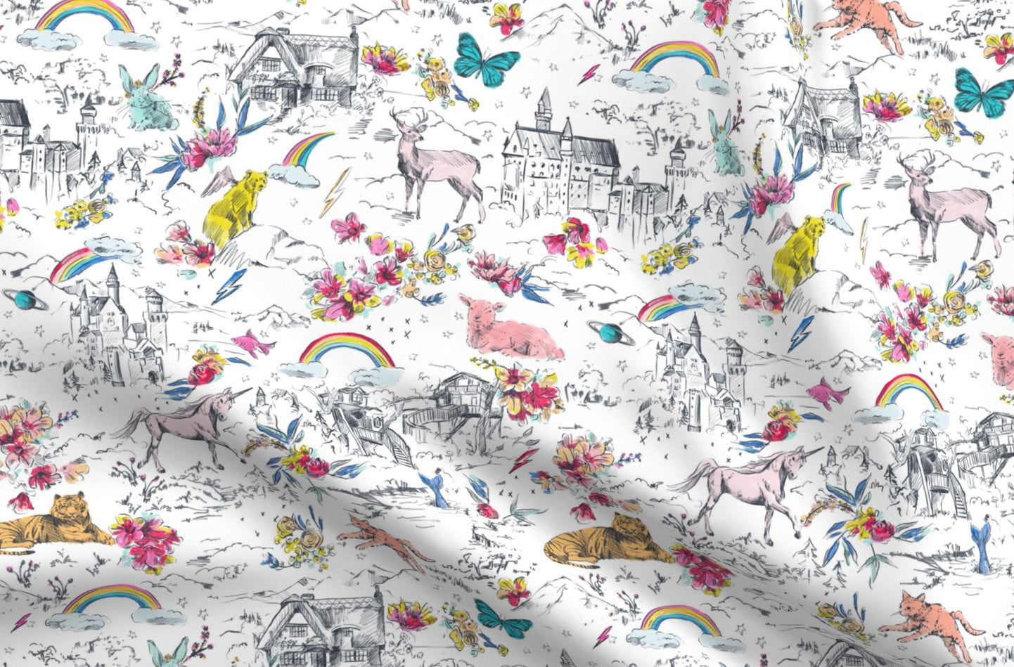 Little Unicorn Rainbow Castle Mermaid Rabbit Butterfly Bear Printed on Basketweave Cotton Canvas Fabric by The Yard Spoonflower Fabric Upholstery Home Decor Bottomweight Apparel 