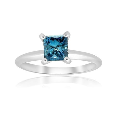- VS 1ct Blue Princess Cut Diamond Solitaire Engagement Ring 14k White Gold Heated