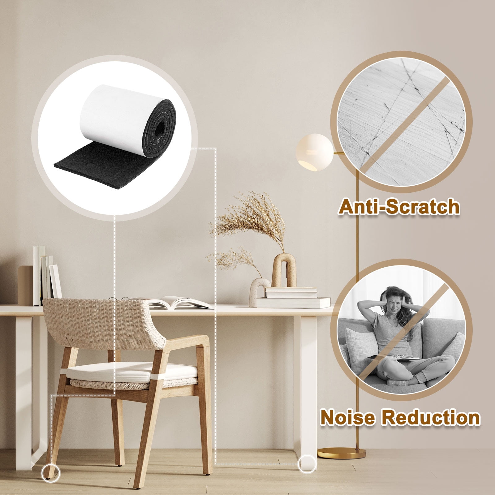 Felt Strips with Adhesive Backing, 2 Pack 4" x 40" x 0.2" Adhesive Felt Strips Anti Scratch Furniture Felt Tapes Self-Stick Felt Pads for Protecting Hardwood Floor, Black