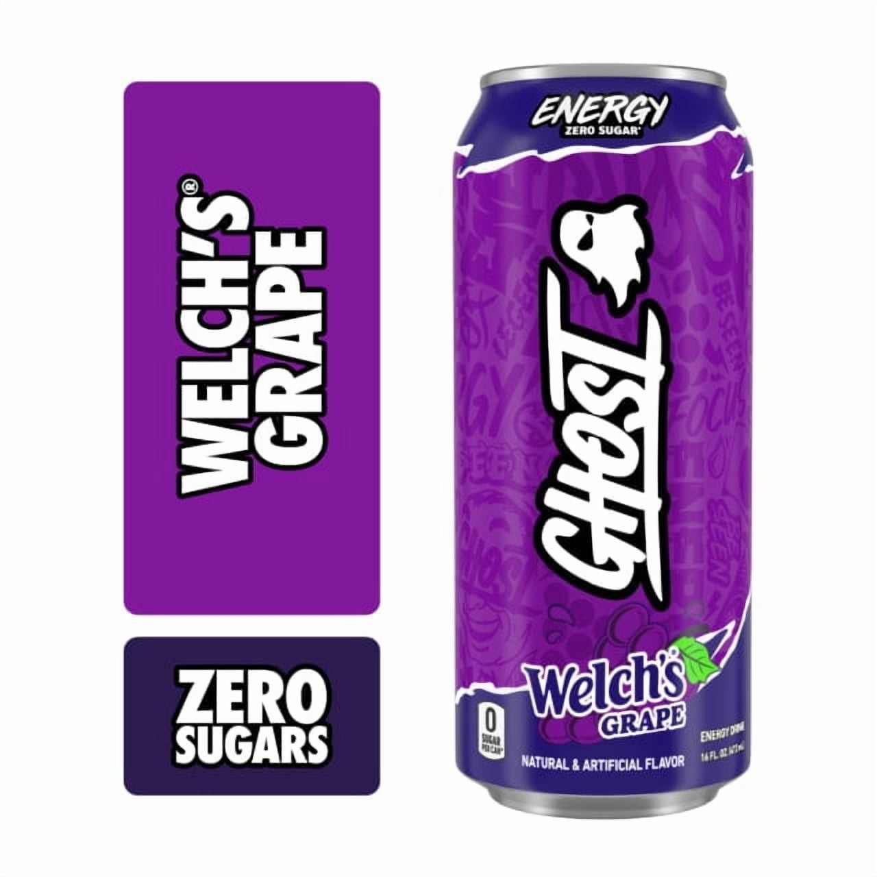 GHOST® ENERGY Zero Sugars Energy Drink, Welch's Grape, 200mg Natural Caffeine, 16 fl oz Can