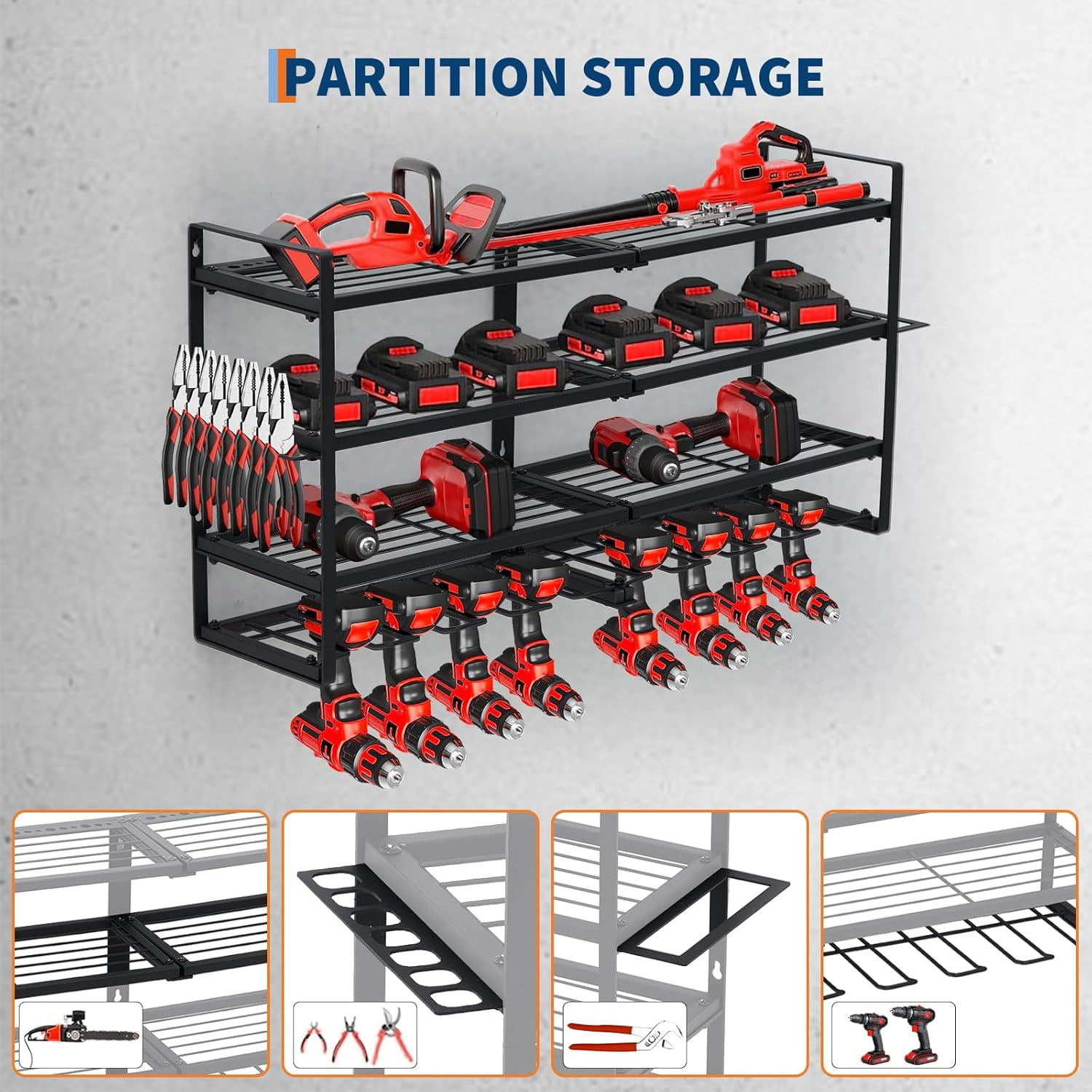 Power Tool Organizer, Drill Holder Wall Mount, Heavy Duty 4-Layer Drill Storage Shelf Loads 400Lbs, 8 Drill Holders and Drill Bit Rack, Utility Power Tool Storage for Garage Workbench