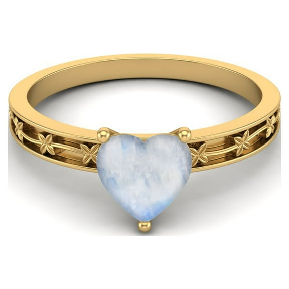 925 Sterling Silver Gold Vermeil 0.75 Cts Heart Shape Moonstone Solitaire Flower Engraved Shank Women Valentines Day Gifts Ring