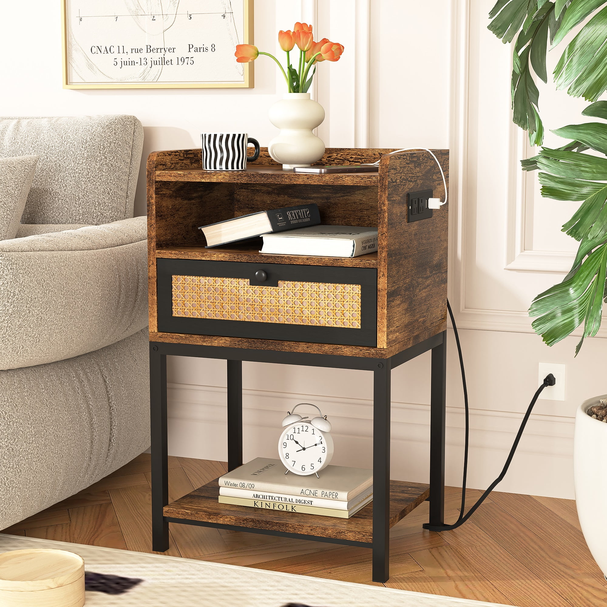 Spaco Nightstand with Charging Station Bed Side Table with Rattan Decoration Drawer Night Stand for Bedroom 3-Tier Storage End Table for Living Room, Rustic Brown Spaco Nightstand with Charging Station Bed Side Table with Rattan Decoration Drawer Night Stand for Bedroom 3-Tier Storage End Table for Living Room, Rustic Brown