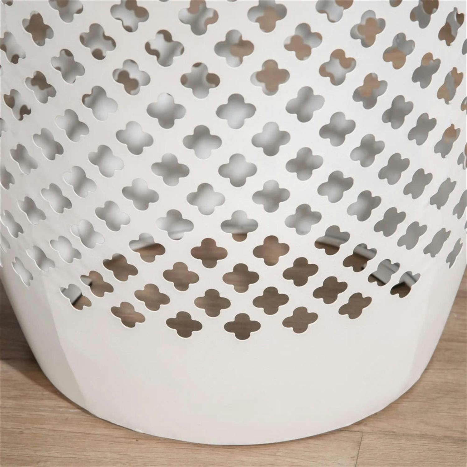 Demi Bonn 12" Steel Outdoor Round Side Table, Decorative Drum End Table, Indoor Outdoor Accent Table for Living Room Deck Garden, White