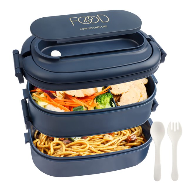 Fiambrera - Fiambrera de 1550 ml, 2 niveles, 3 compartimentos - Fiambrera para adultos - Fiambrera Bento con cubiertos, apta para microondas, color azul
