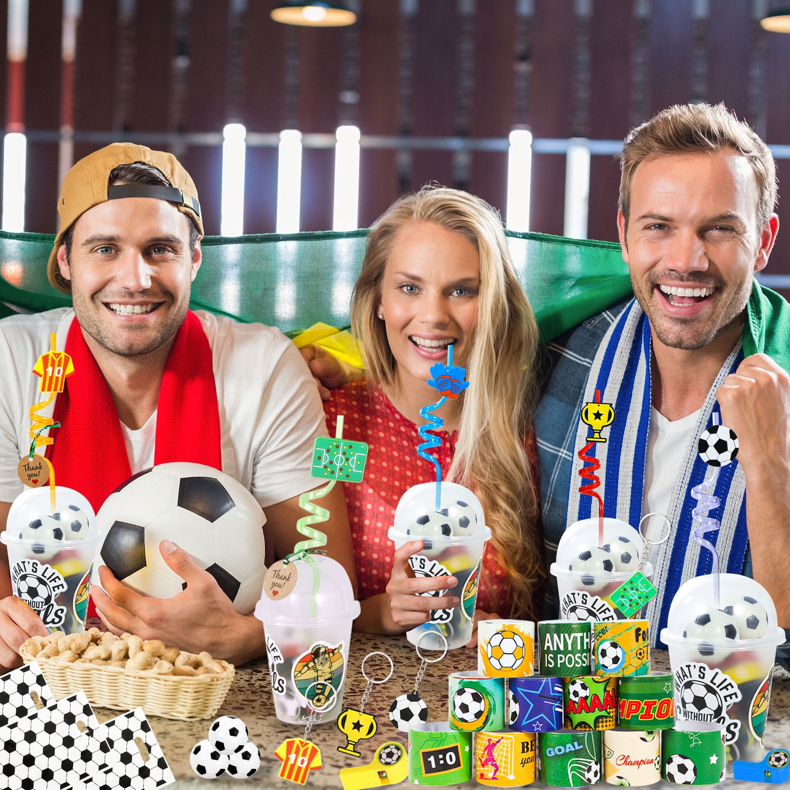 170PCS Soccer Party Favors for Kids, Birthday Party Supplies, Goodie Bags Set with Cups, Straws, Bracelets, Stickers, Mini Balls, Soccer Gifts for Boys