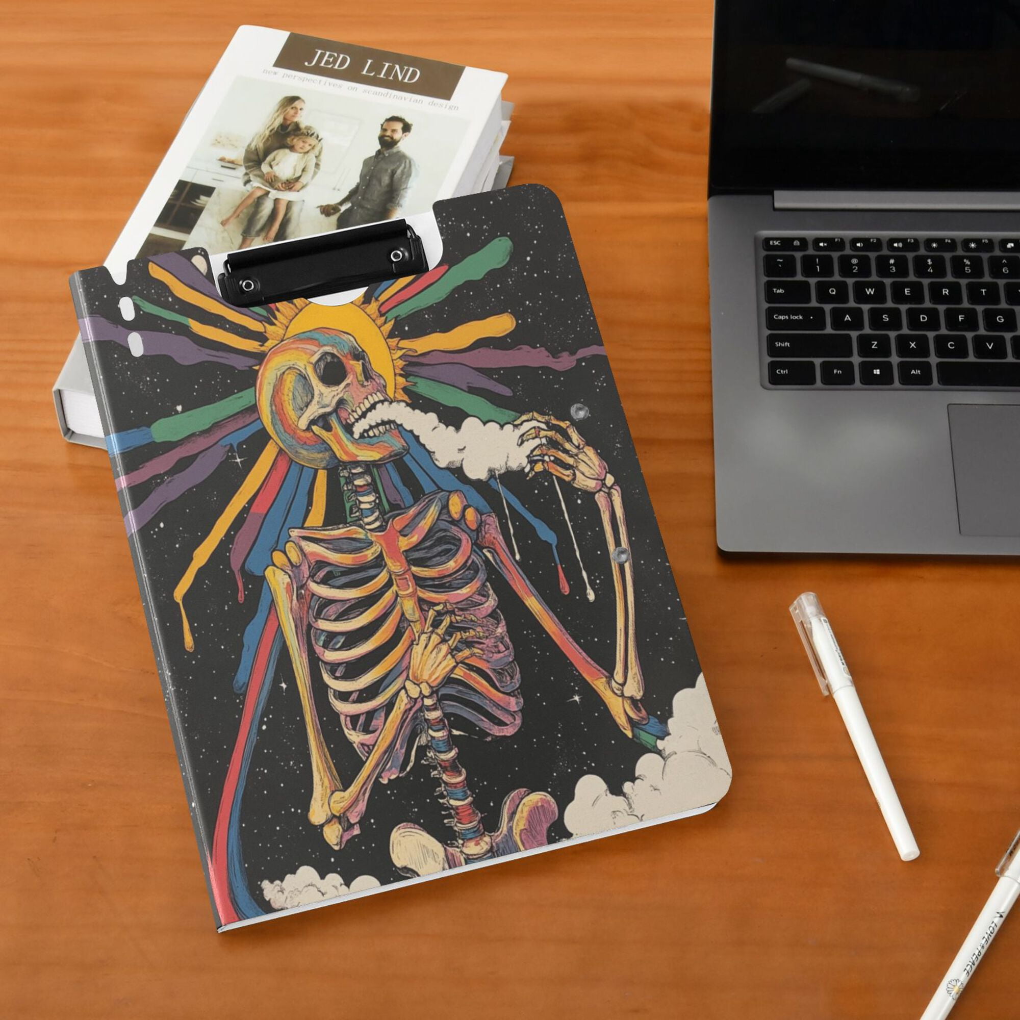 FORMRS A4 Clipboard Folder with Pen Holder Horizontal Foldable School Office Binder, Colorful Skeleton Sun
