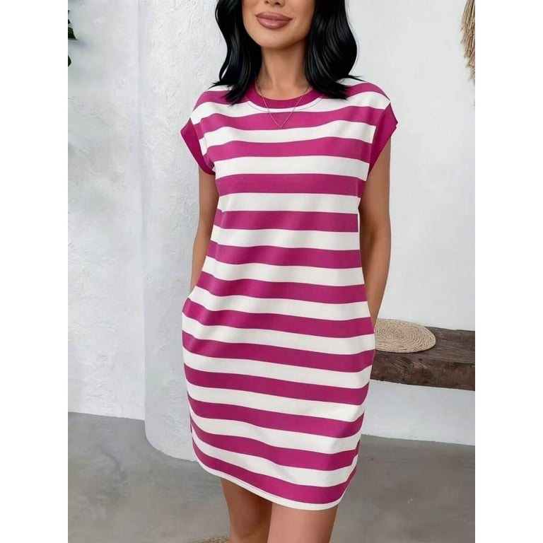 hot pink t shirt dress Back To Basics T-Shirt In The garment has a straight silhouette with gentle side seams and integrated side pockets for practicality Hot Pink Premium Cotton T-Shirt