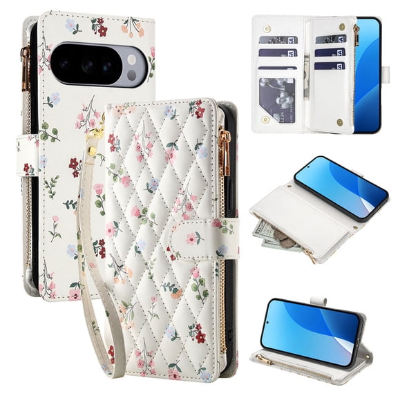 Tianyeda for Google Pixel 9/9 Pro/10/10 Pro Case Wallet Card Holder Zipper Leather Flip Cover Crossbody Wrist Strap with Stand A1