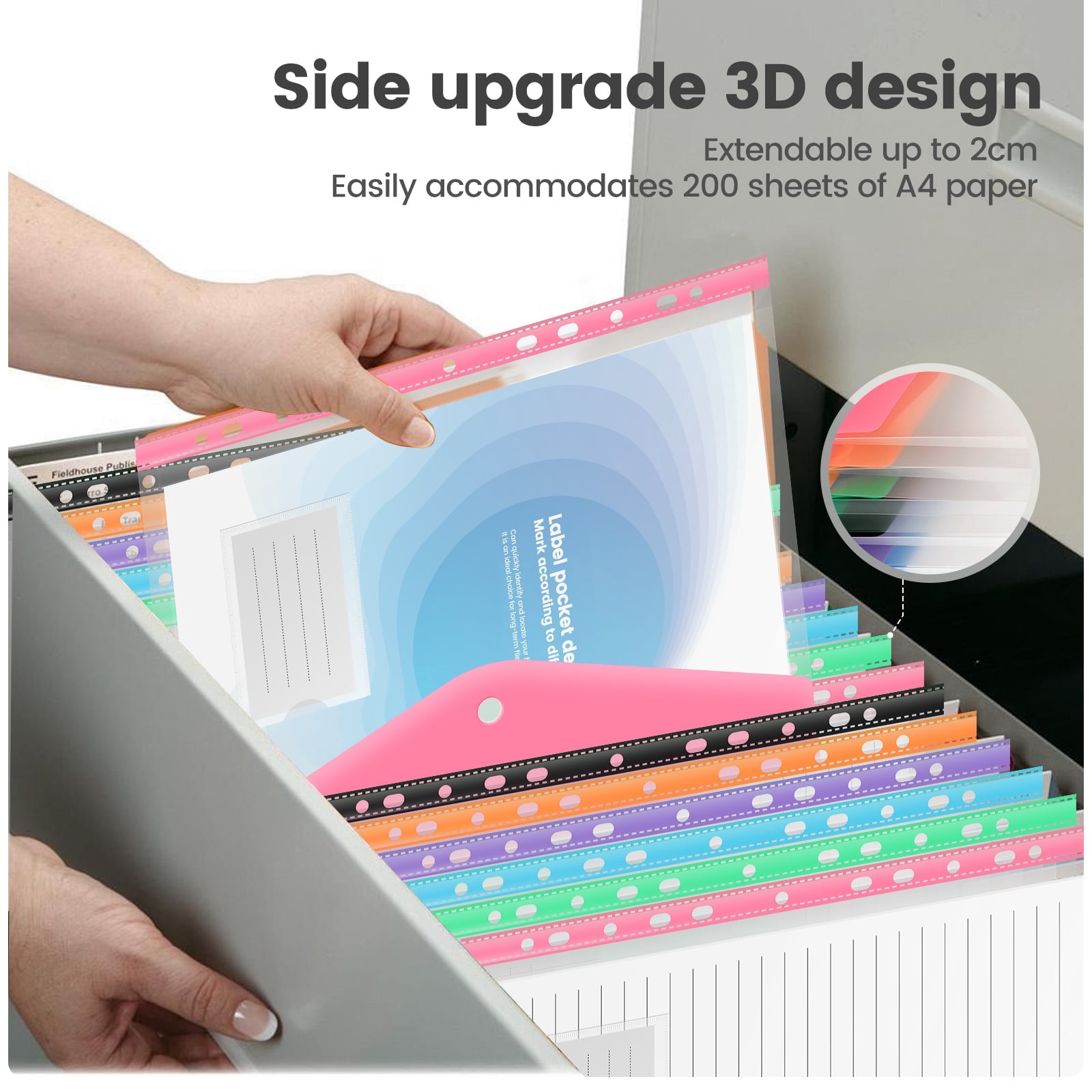 FUYGRCJ 24 Pack Binder Pocket, Plastic Envelopes Binder Folders, 11 Holes Expandable Binder Folders, Document Pouch with Snap Button and Label Loose, Leaf Transparent Binder Pockets
