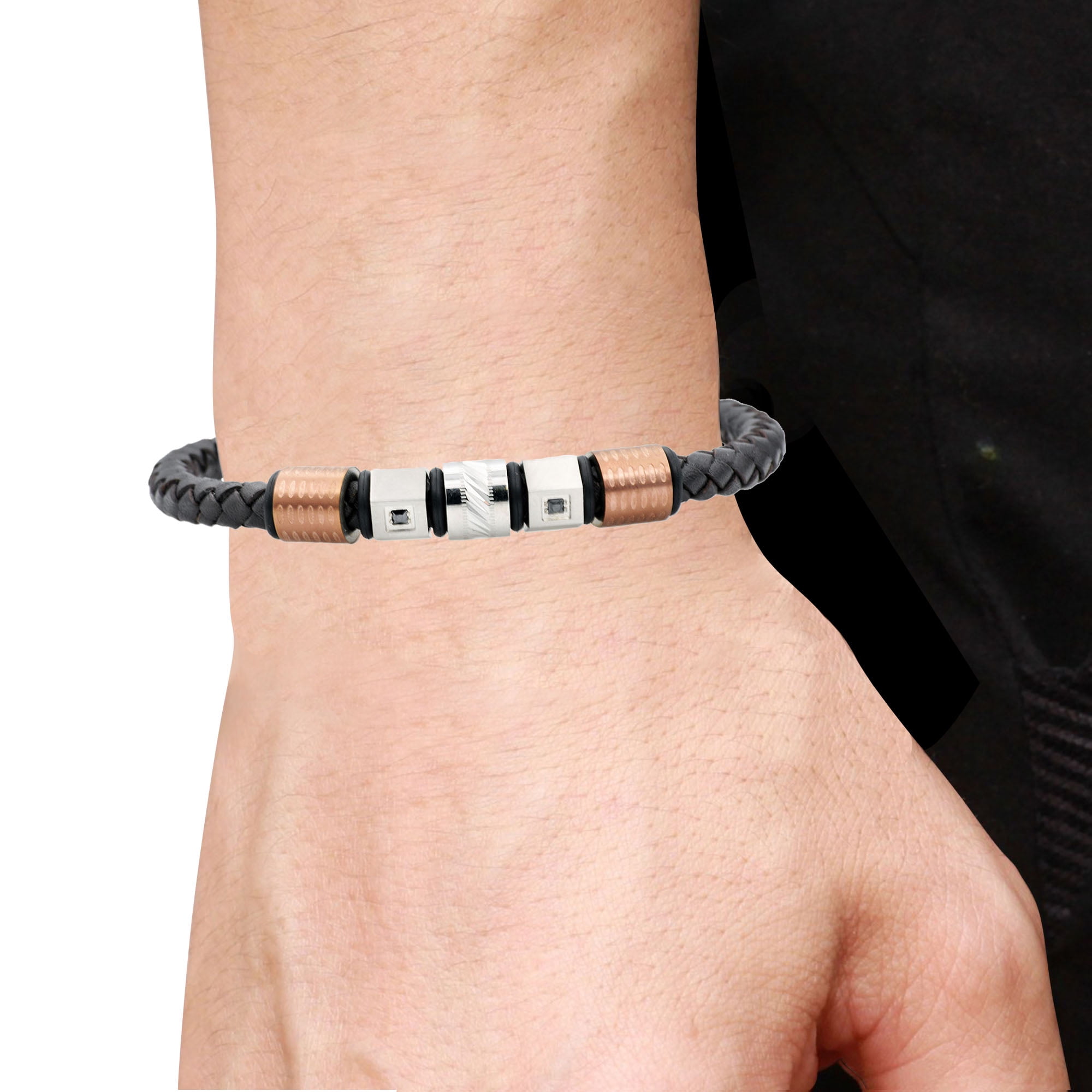 Arista Brown Cubic Zirconia Men's Bracelet in Brown Leather And Chocolate Stainless Steel, 8.5"