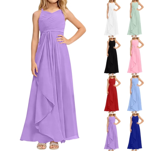 HBGVBA Girl Princess Dresses,Party Tiered Dress,1-13 Years Solid Color Chiffon Maxi Crew Neck Elegant Party Gown for Teens