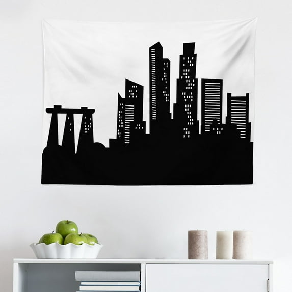 Singapore Tapestry, Vibrant Big Letters Designed with City Construction Creative Digital Artwork, Fabric Wall Hanging Decor for Bedroom Living Room Dorm, 2 Sizes, Multicolor, by Ambesonne