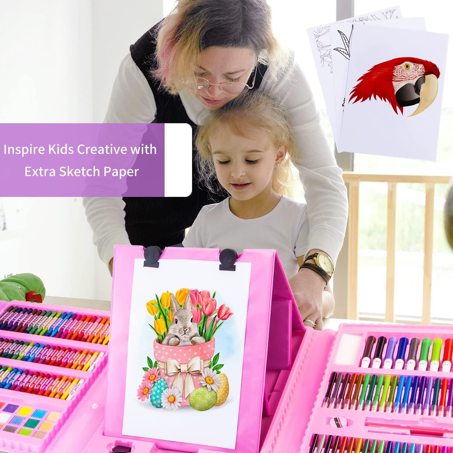 208 Pieces Double Sided Trifold Easel Art Set, Drawing Art Box with Oil Pastels, Crayons, Colored Pencils, Paint Brush, Watercolor Cakes, Drawing Board (Pink)