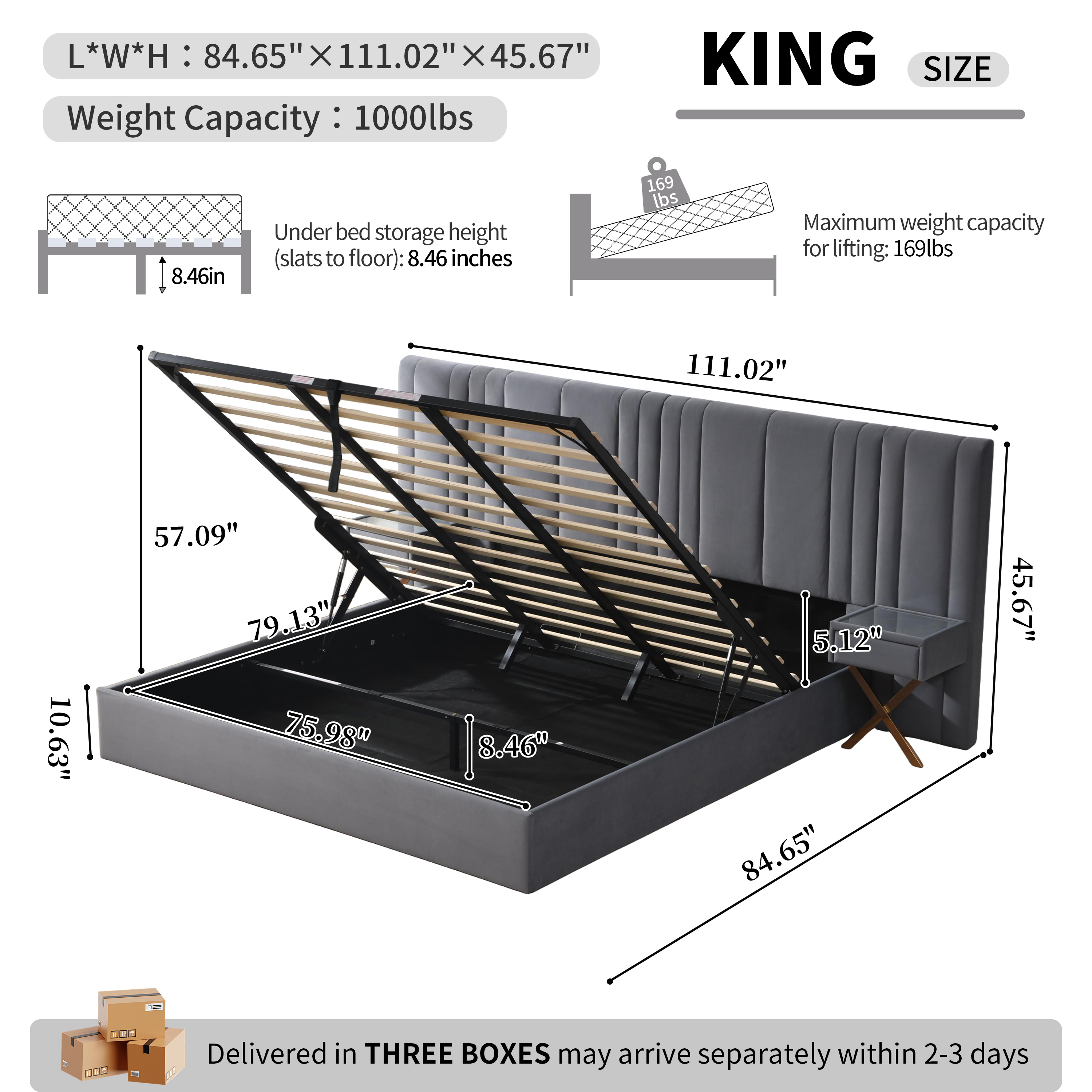 King Size Bed Frame with Built-in Nightstands, Lift Up Storage Bed with Oversize Upholstered Headboard, Luxury Bed Frame with Underneath Storage, Wood Slats Support, No Box Spring Needed, Gray