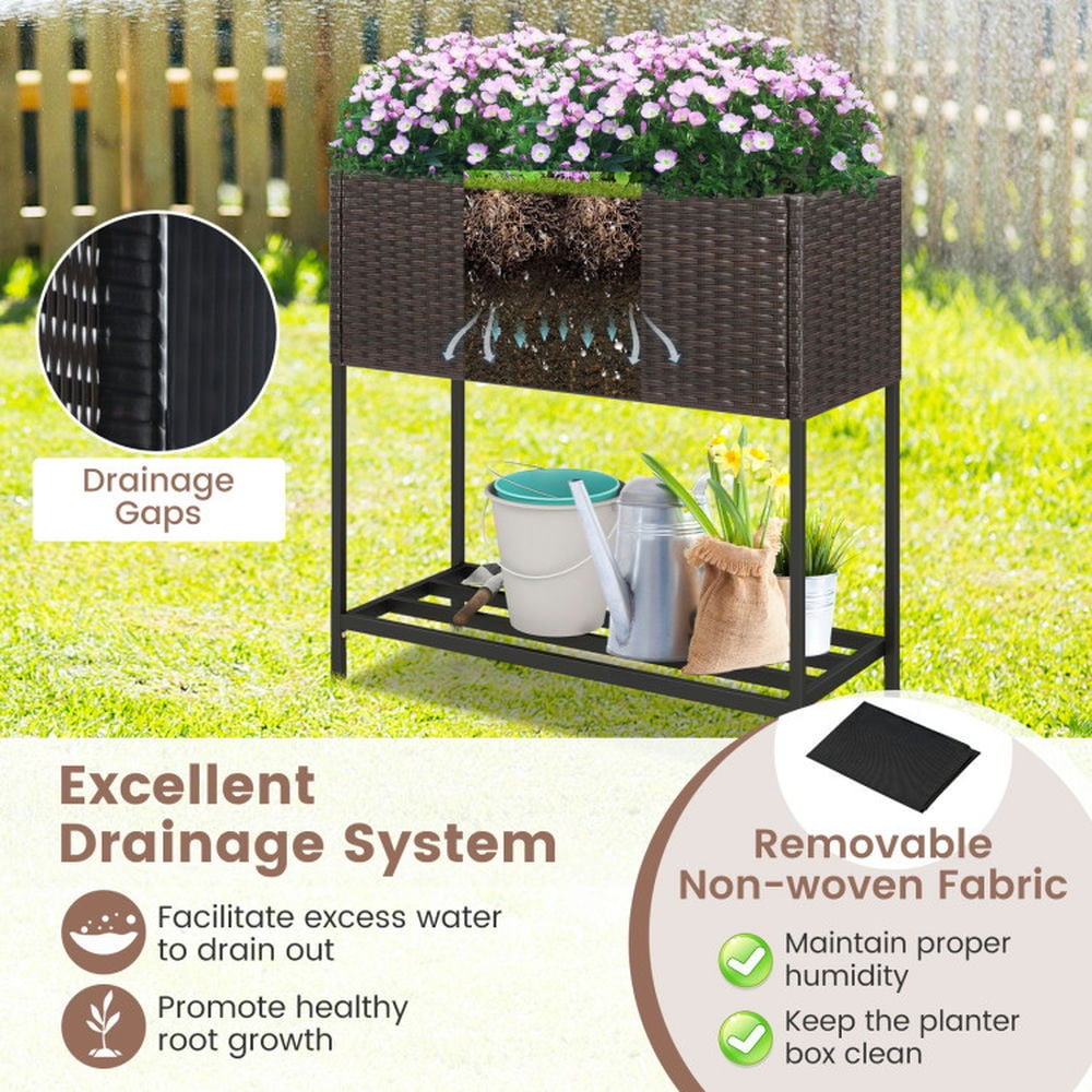 Spaco Wicker Raised Garden Bed with Storage Shelf and Removable Liner for Flowers, Elevated Planter Box for Backyard, Outdoor Garden