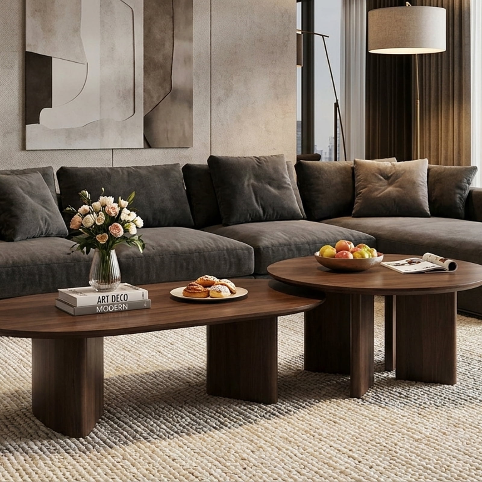 Furnibear 2 Pieces Mid Century Nesting Tables with Rubber Wood Legs - Brown - Living Room Center Table