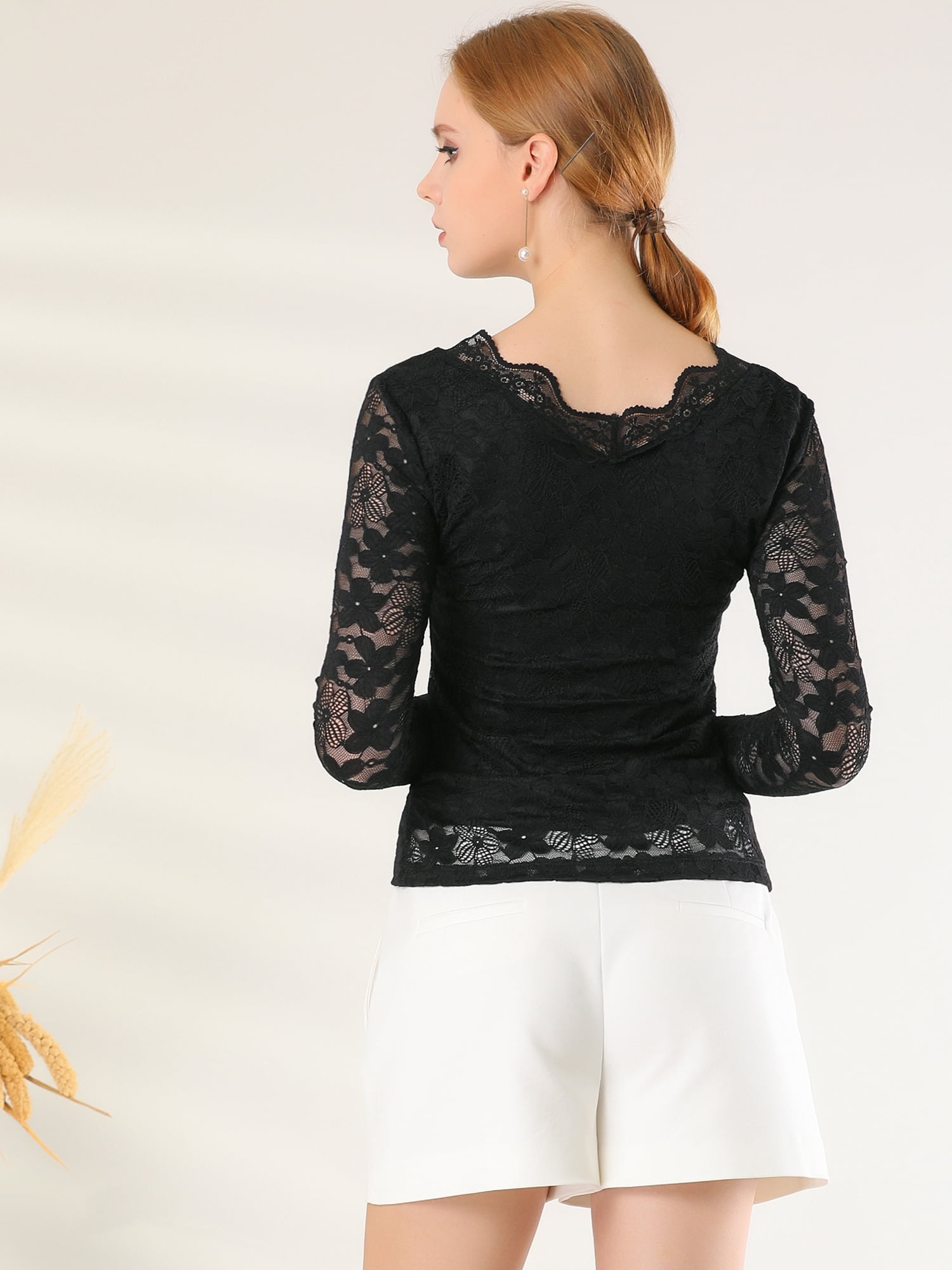 DARING DIVA Floral Lace Shirt Lace Scalloped Trim Blouse XL Black