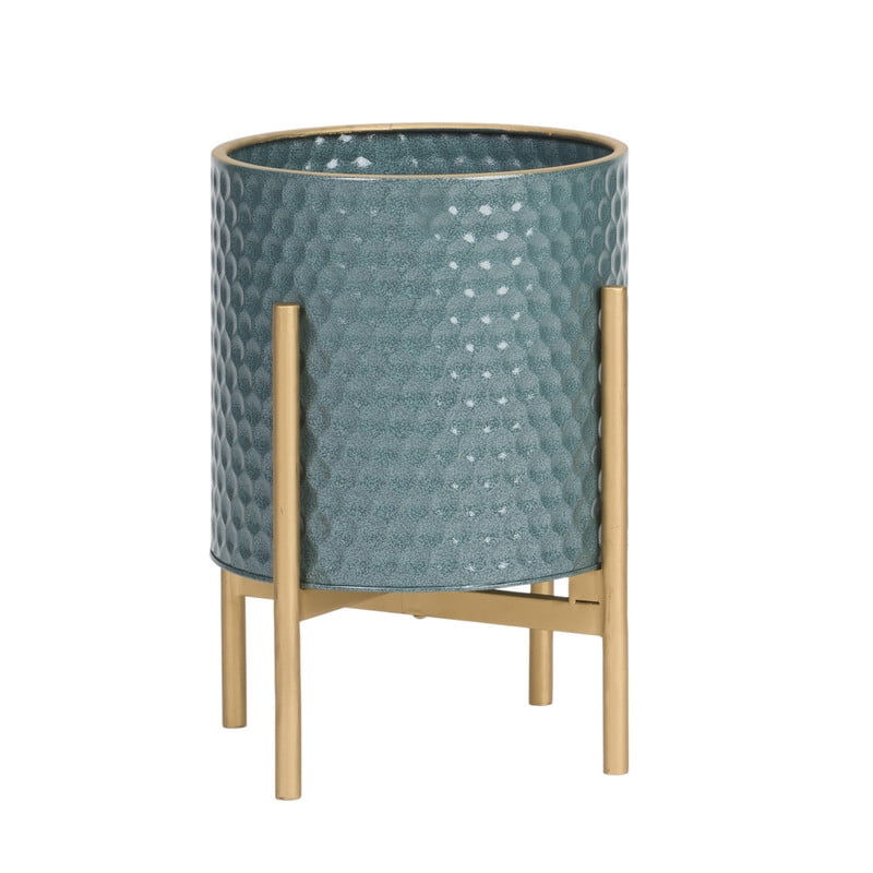 Honeycomb Metal Planter Pot With 4-Leg Gold Metal Base - Blue-Green - 14.75"H x 11.75"W