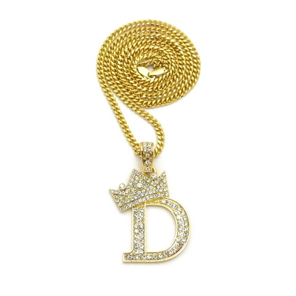 Stone Stud Allover Tilted Crown Initial D Pendant w/ 3mm 24" Cuban Chain Necklace, Gold-Tone