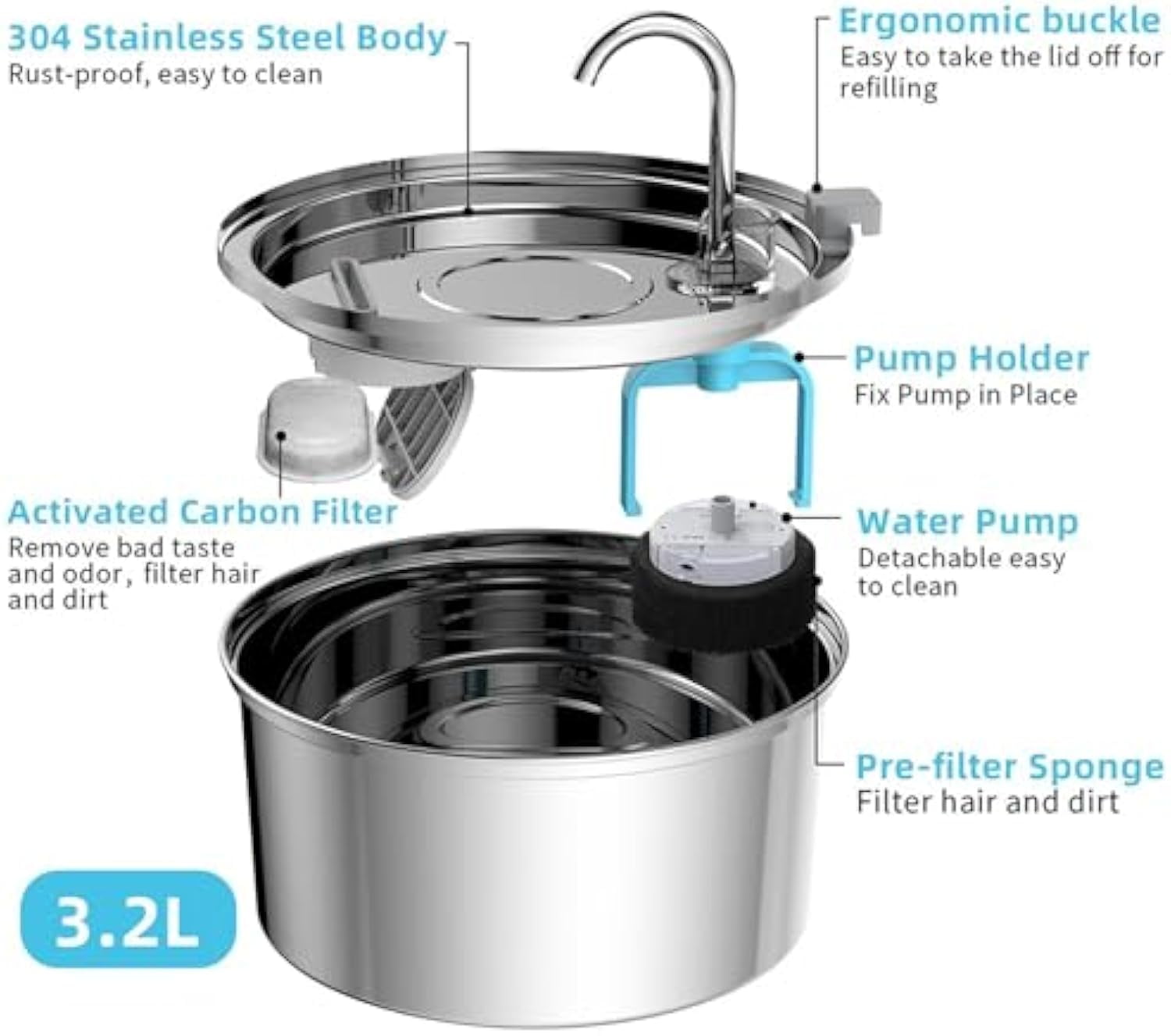 Purepaw Dog Water Fountain,Pawquench Automatic Pet Water Fountain,Cat Water Fountains,3.2L,Ultra-Quiet Stainless Steel,Deeper Drinking Area,for Dog,Cat or Pet (C)