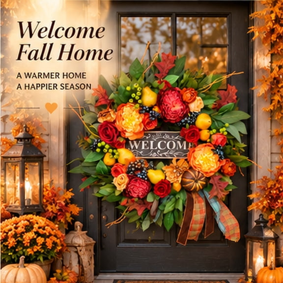 24 Inch Fall Wreath, Artificial Pear Pumpkin Wreath with Welcome Sign, Roses, Berries, Plaid Ribbon, Grapevine Base