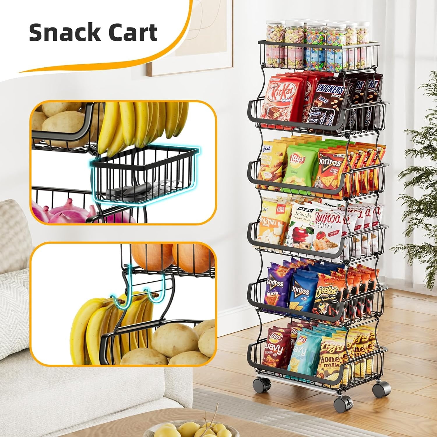6 Tier Rolling Cart, Stackable Fruit Vegetable Basket with Wheels and 2 Hanging Basket, Kitchen Storage Metal Wire Basket Stand for Vegetable Bread Snacks, Black