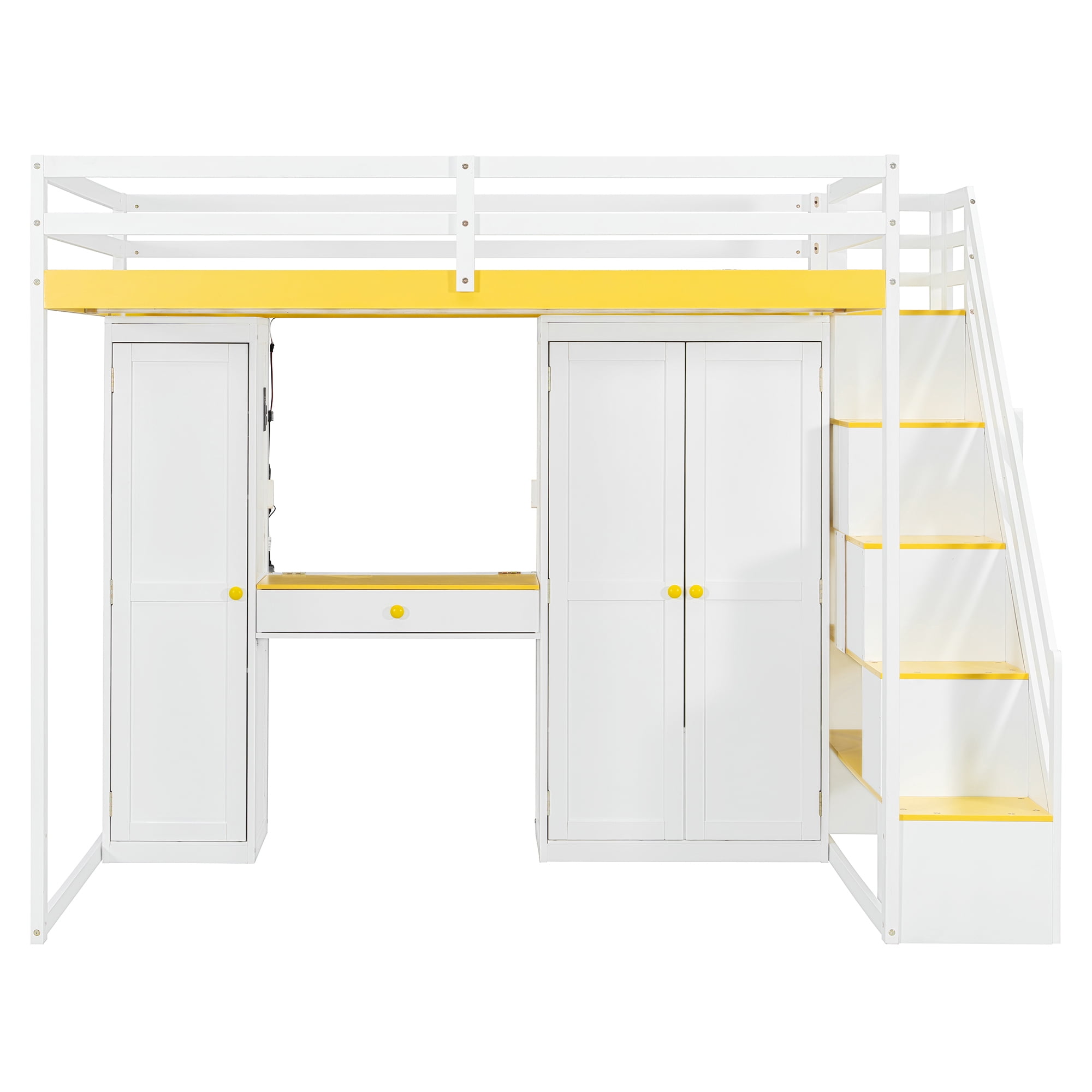 Mintazer Full Size Princess Loft Bed Built-in Dressing Table with Vanity Mirror, Wardrobe, Storage Staircase, Drawer, LED Lights & Charging Station for Girls, White & Yellow