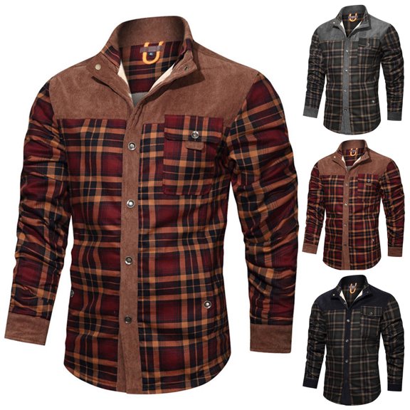 Txeol Winter Jackets for Men Plaid Sherpa Lined Corduroy Shirt Jacket Outdoor Thicken Warm Long Sleeve Shackets,Black,XXL